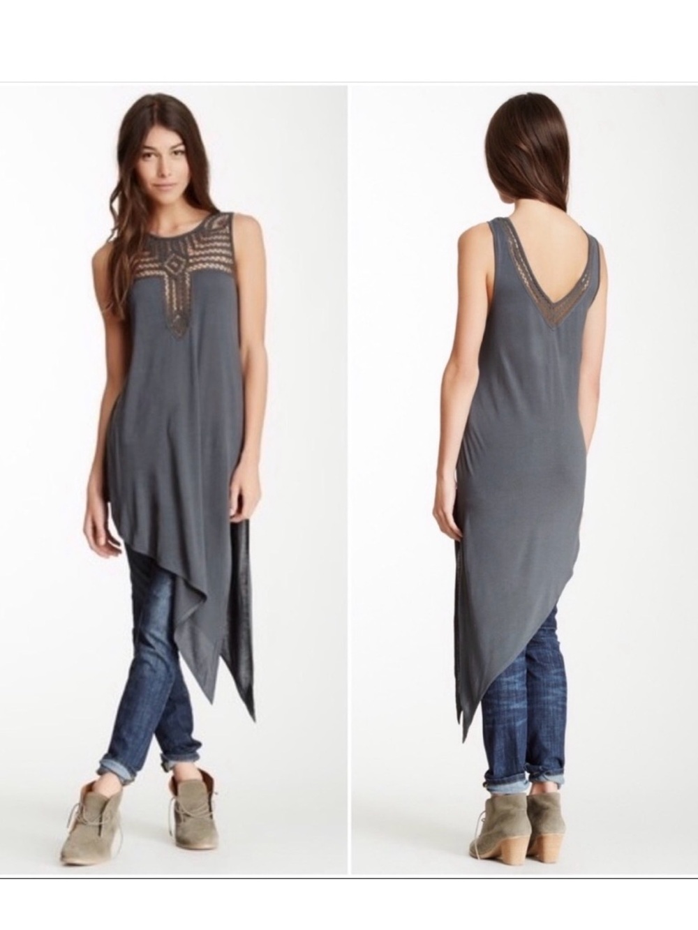 Free People Asymmetrical Black Crochet Yoke Tank Dress
